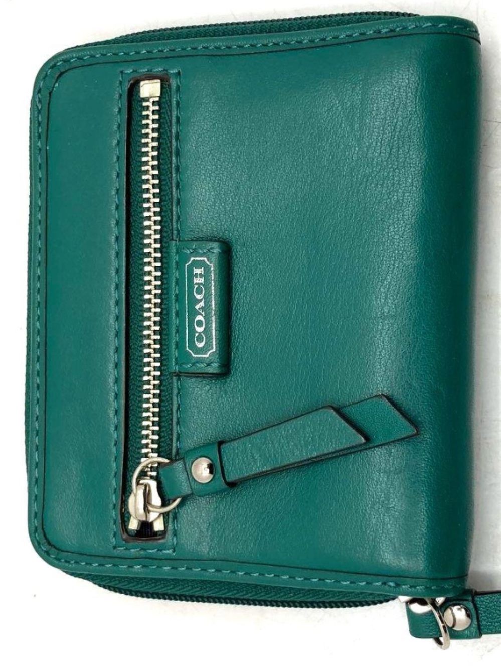 Coach Teal Green Leather Compact Zip Wallet with Silver Hardware